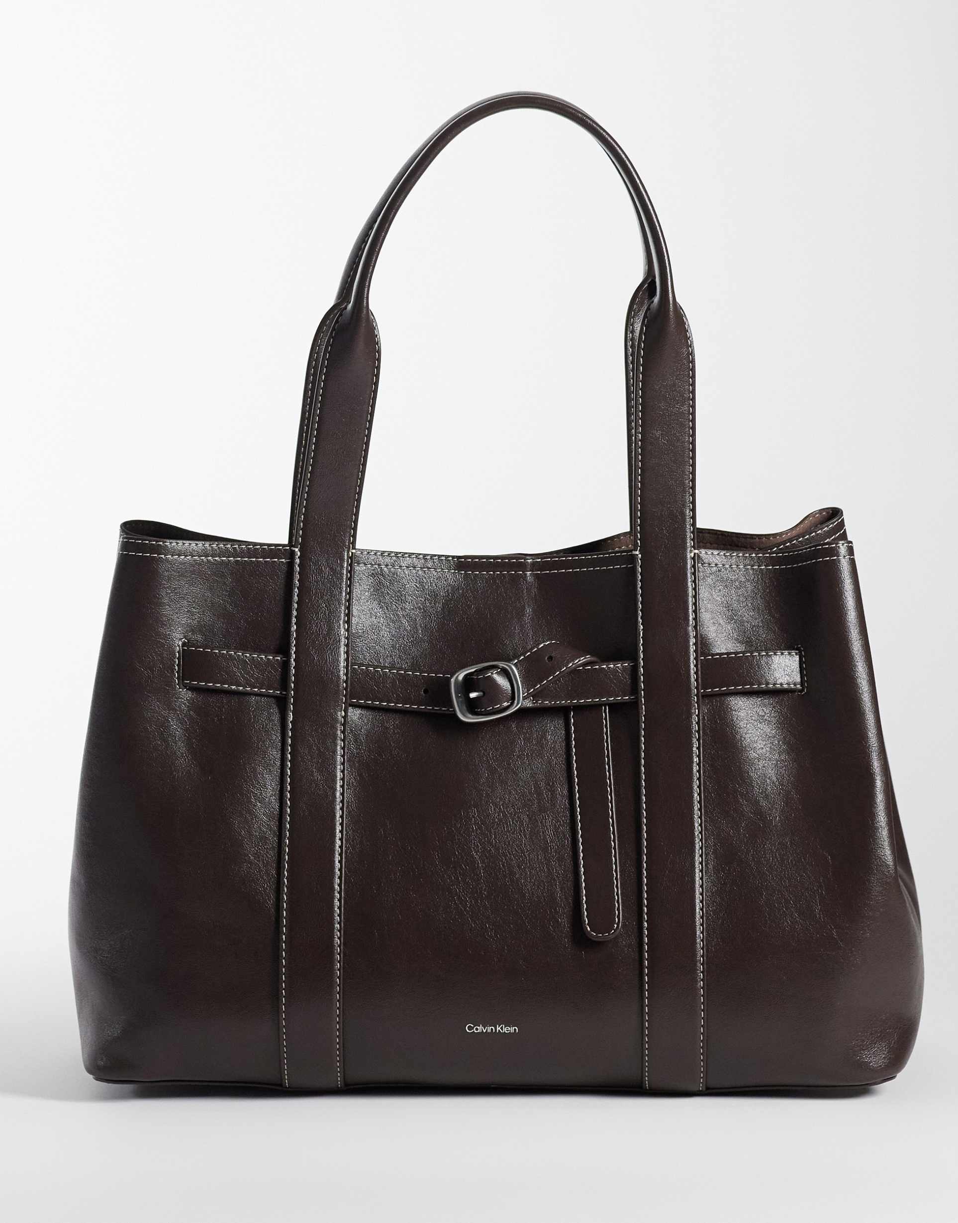 calvin klein buckle tote in chocolate brown
