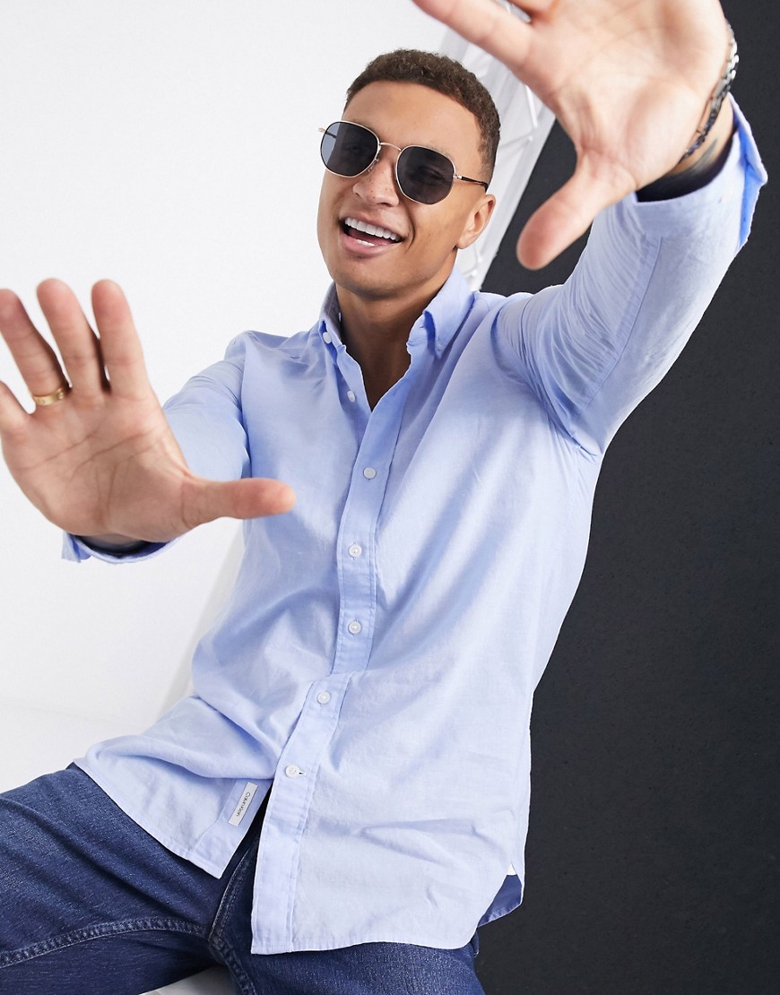 Calvin Klein button down linen long sleeve shirt-Blue