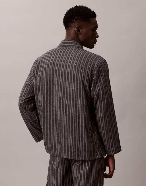 Calvin Klein button pyjama shirt in dark stripe, 2 of 5