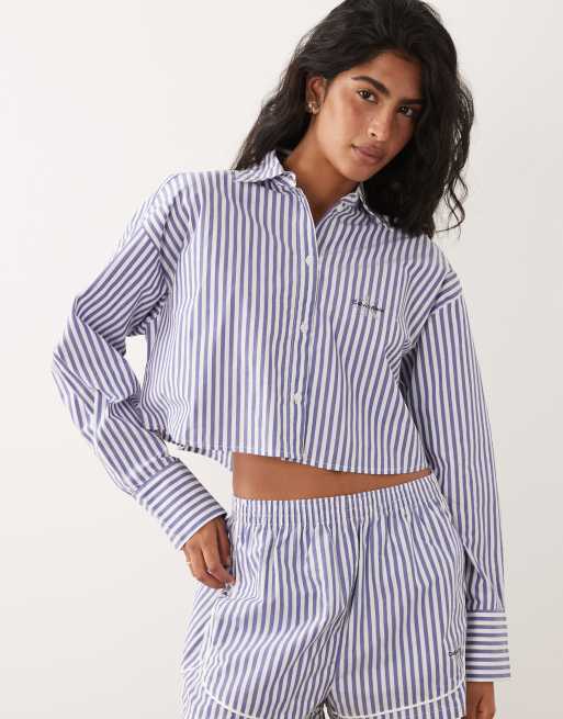 Calvin Klein - Camicia corta in popeline blu a righe con logo in coordinato