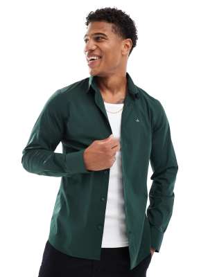 Calvin Klein - Camicia slim elasticizzata in popeline verde medio - view 1