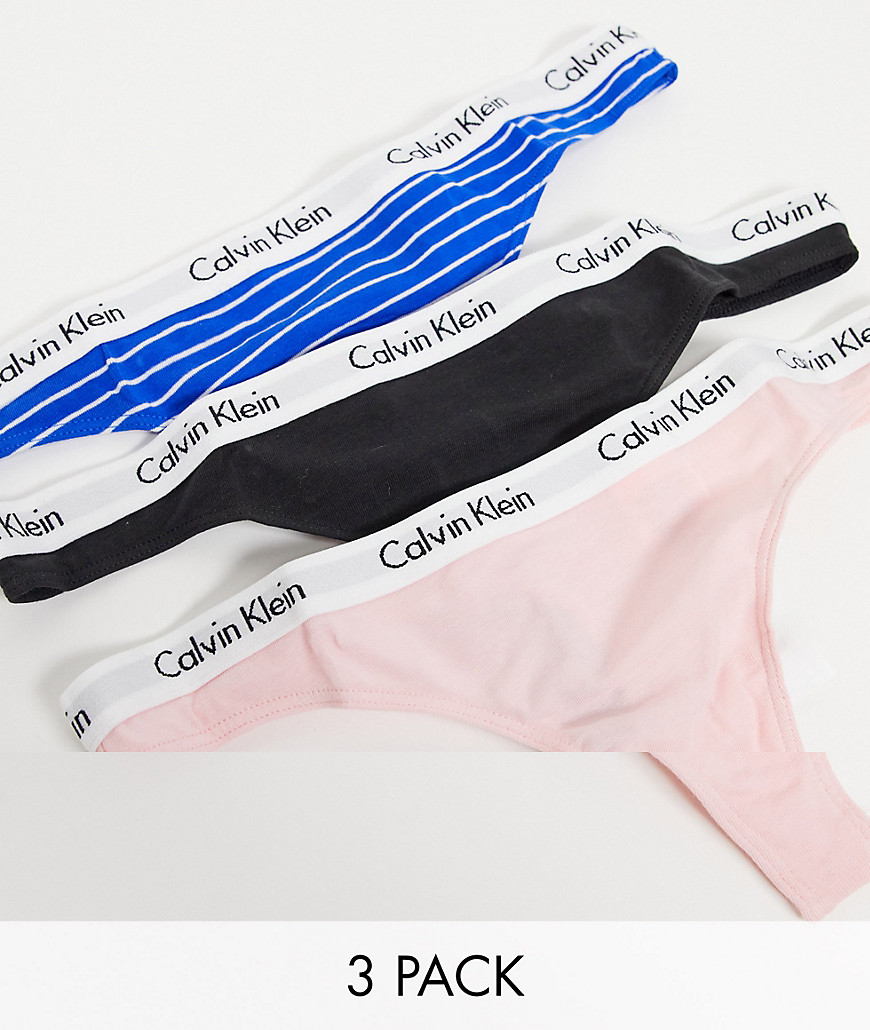 Calvin Klein Carousel 3 pack thongs in black pink and blue stripe-Multi