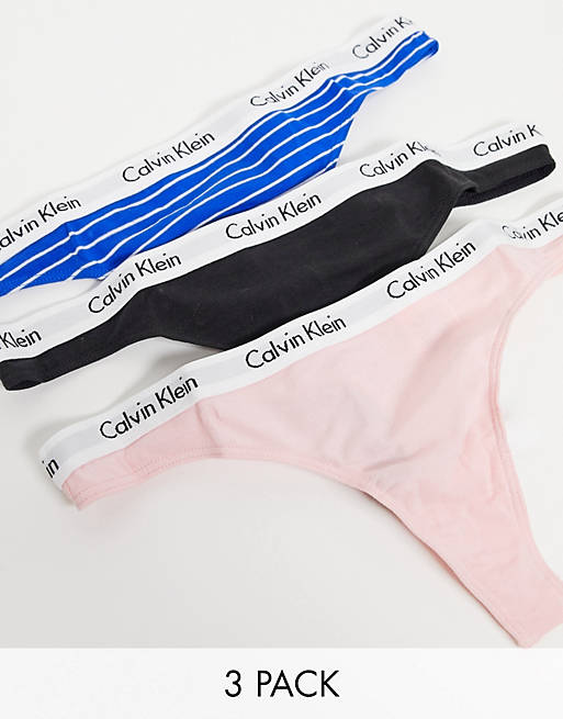 Calvin Klein Carousel 3 pack thongs in black pink and blue stripe | ASOS