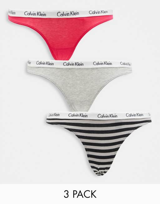 Calvin Klein Carousel logo thong 3 pack in pink, gray and stripe