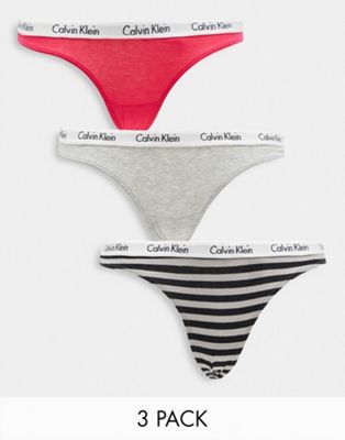 Calvin Klein Carousel logo thong 3 pack in pink, grey and stripe