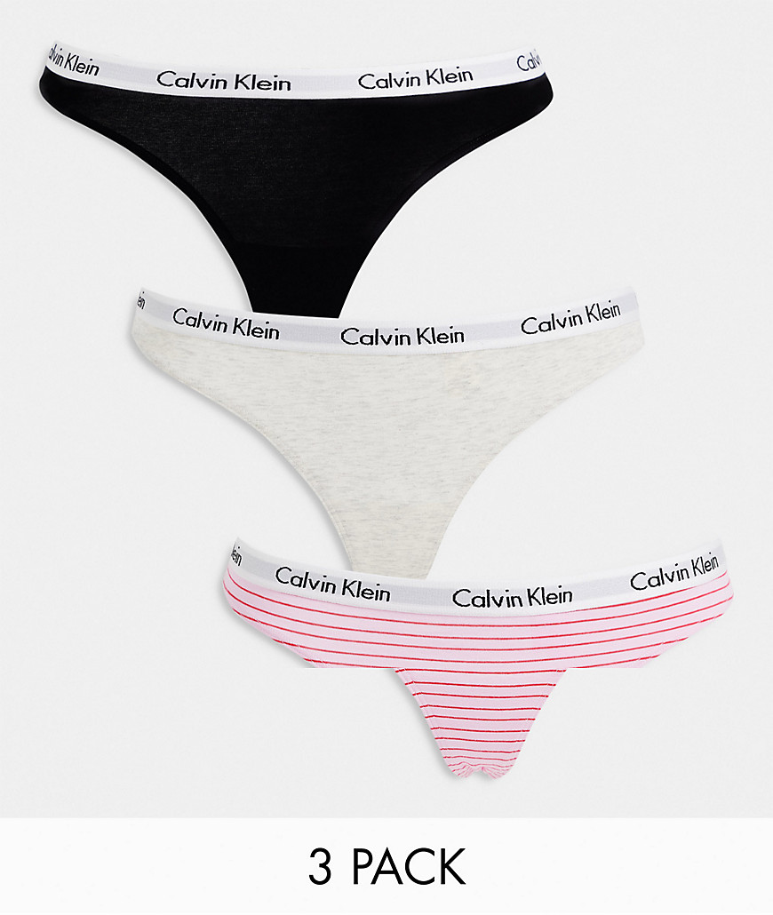 Calvin Klein Carousel thong 3 pack in pink stripe gray black-Multi