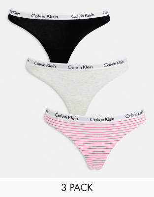 Calvin Klein Calvin Klein Carousel thong 3 pack in pink stripe grey black-Multi