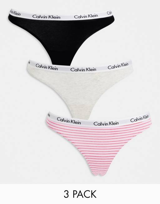 Calvin Klein – Carousel – Zestaw 3 par stringów w różowe w paski, w kolorze szarym i czarnym