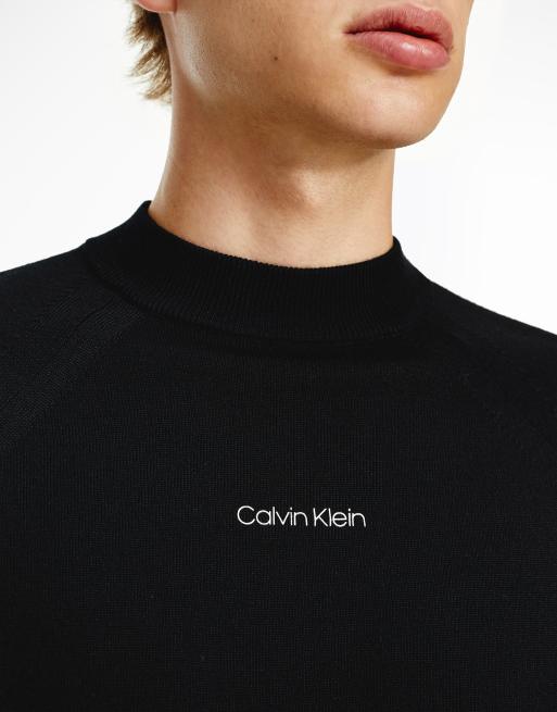 Calvin Klein center logo mini mock neck superior wool knit sweater in black