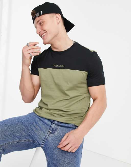 Calvin Klein centre logo color block T shirt in delta green ASOS