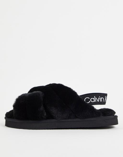 Calvin Klein Chaussons style mules en fausse fourrure avec bande logo Noir