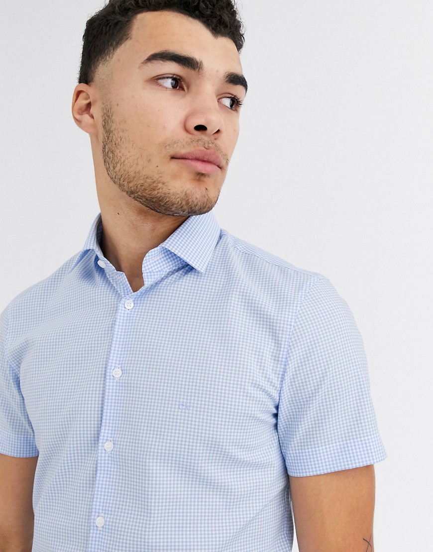 Calvin Klein check easy iron slim short sleeve shirt-Blue