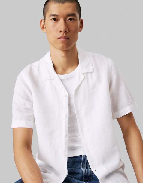 Calvin Klein - Chemise à col cubain en lin et coton - Blanc brillant - view 1