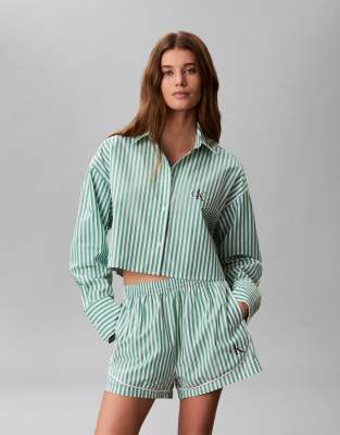 Chemise courte d'ensemble en popeline rayée avec logo - Vert S