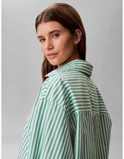 Calvin Klein - Chemise courte d'ensemble en popeline rayée avec logo - Vert, 4 de 4