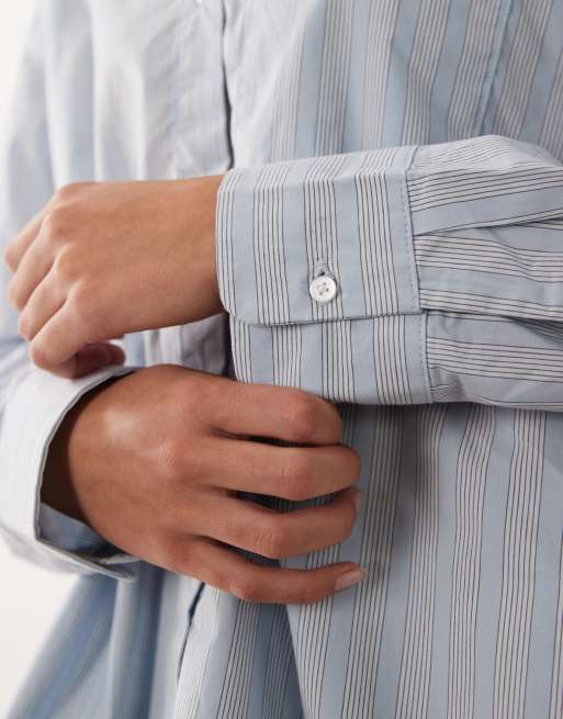 Calvin Klein - Chemise d'ensemble décontractée en popeline à rayures et manches longues - Bleu, 3 de 4