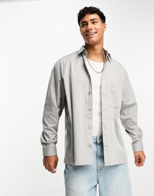 Calvin Klein long sleeve stripe oversized shirt in grey - ASOS Price Checker