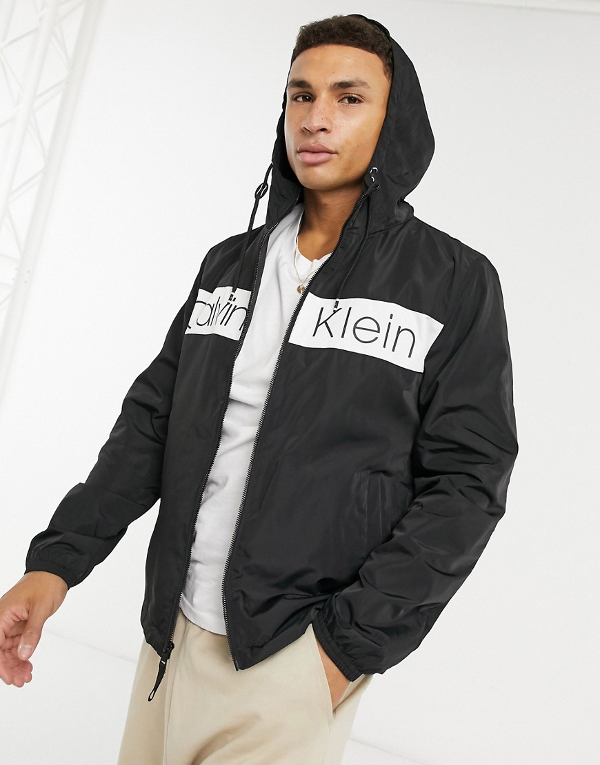 Calvin Klein Chest Logo Hooded Jacket In Black