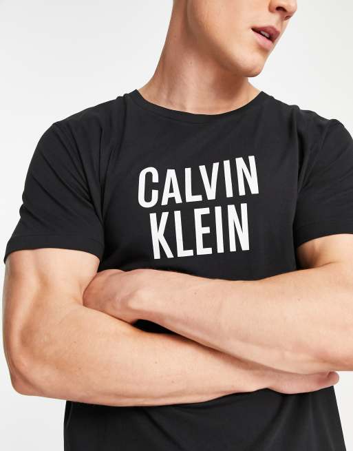 Calvin Klein chest logo relaxed fit swim t-shirt in black | ASOS