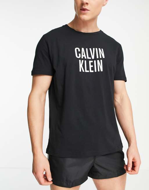 Calvin Klein chest logo relaxed fit swim t-shirt in black | ASOS