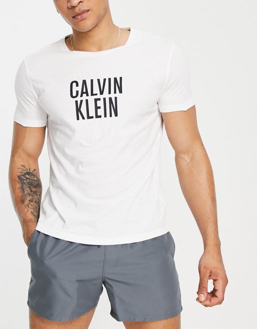 Calvin Klein chest logo relaxed fit swim T-shirt in white | ASOS