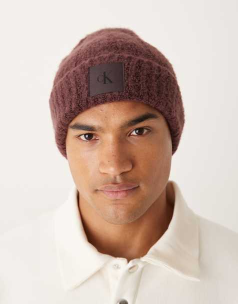 Calvin Klein chunky boucle beanie in burgundy - view 1