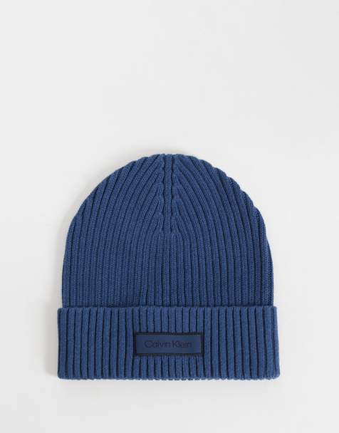Calvin Klein chunky cotton rib beanie with patch logo in dark denim blue - view 1