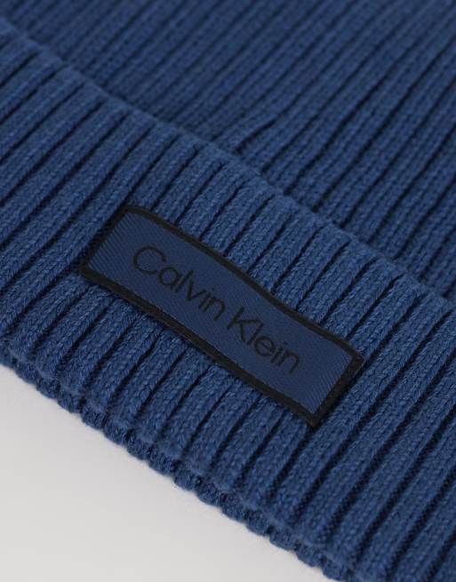 Calvin Klein chunky cotton ribbed beanie with patch logo in dark denim blue , 2 of 3