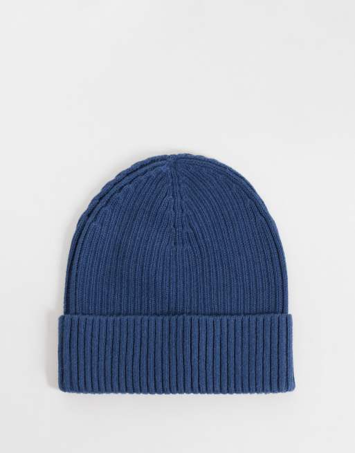 Calvin Klein chunky cotton ribbed beanie with patch logo in dark denim blue , 3 of 3