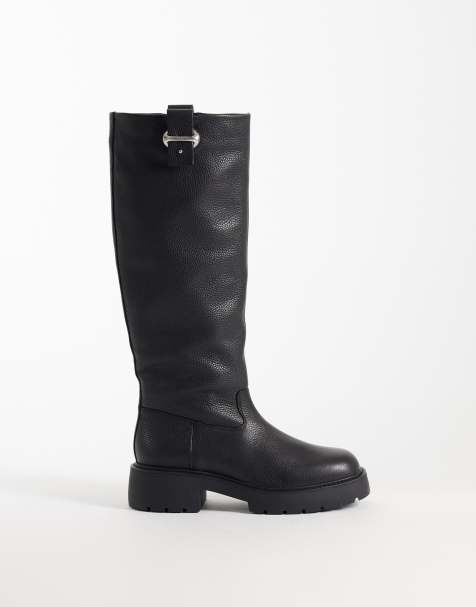 Calvin Klein chunky leather knee high boots with silver buckle detail n black - view 1