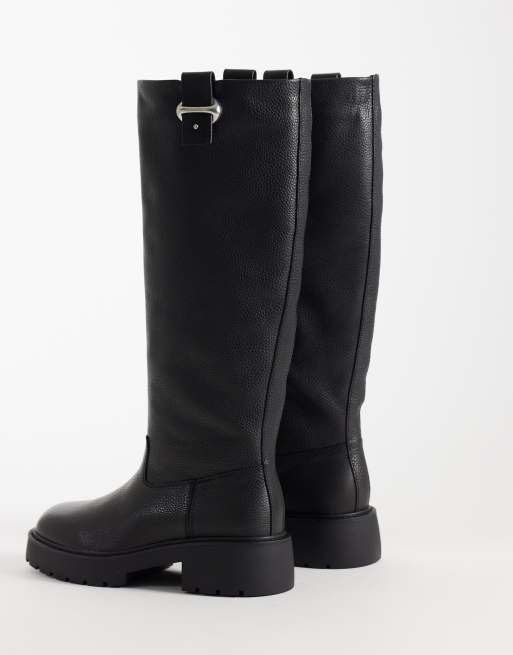 Calvin Klein chunky leather knee high boots with silver buckle detail n black, 2 of 4