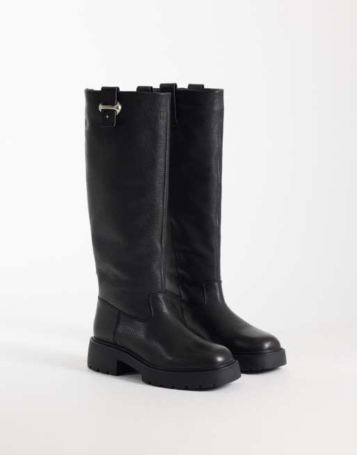 Calvin Klein chunky leather knee high boots with silver buckle detail n black, 4 of 4