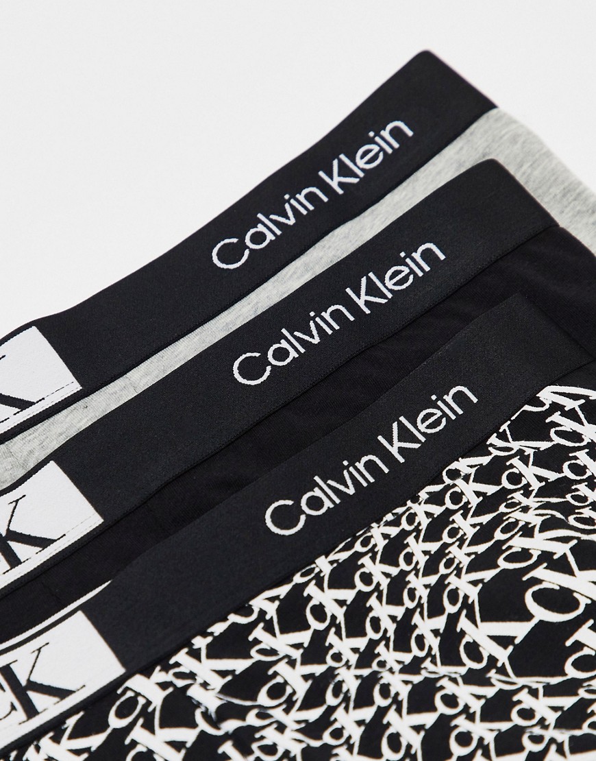 Calvin Klein Ck 96 3-pack Trunks In Printed Black, Black And Gray-multi