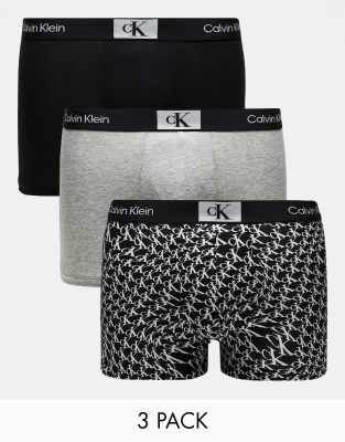 Calvin Klein CK 96 3-pack trunks in printed black, black and grey | ASOS