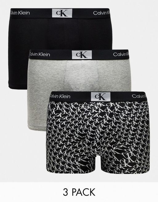 Calvin Klein CK 96 3-pack trunks in printed black, black and grey