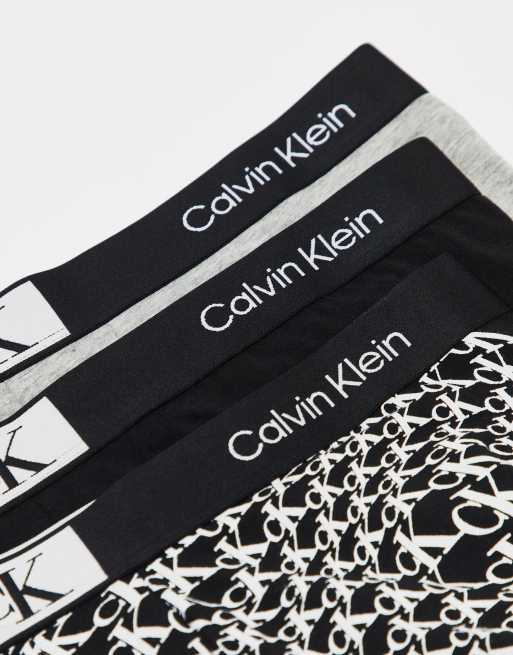 Calvin Klein CK 96 3-pack trunks in printed black, black and grey, 2 of 4