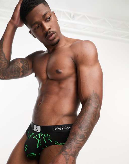 Calvin Klein CK 96 logo brief in black and green print