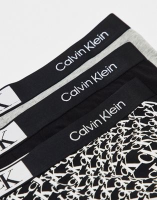 Calvin Klein CK 96 3-pack trunks in printed black, black and grey - ASOS Price Checker