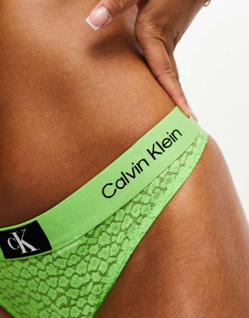 CALVIN KLEIN Women's Lace-Trim Flirty Thong, Green Leaves XS