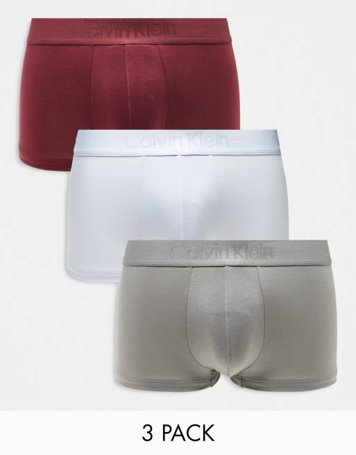 Calvin Klein CK Black 3-pack low rise trunks in gray, white and burgundy