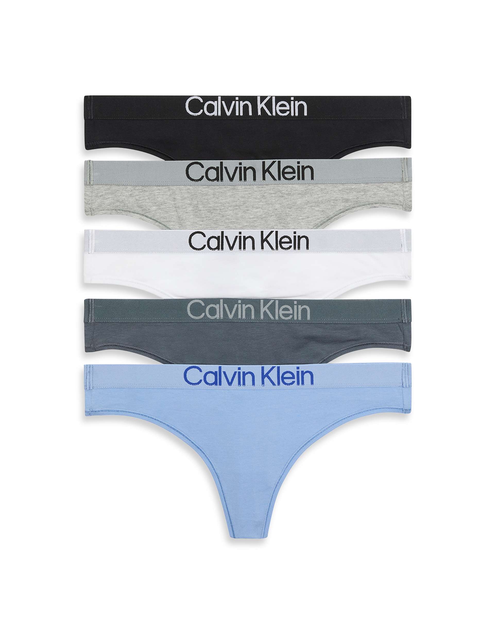 calvin klein ck cotton 5 pack thongs in black/gray/white/blue