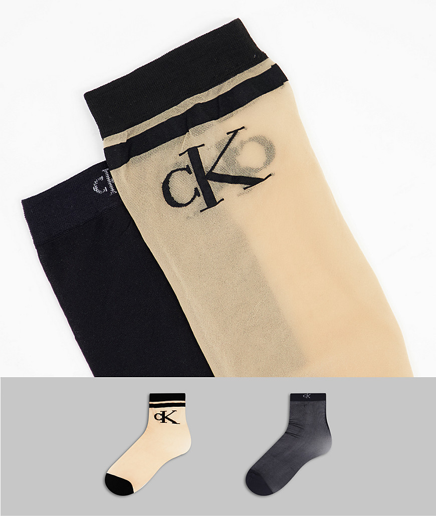 Calvin Klein CK Jeans 2 pack sheer short socks in beige and black-Multi