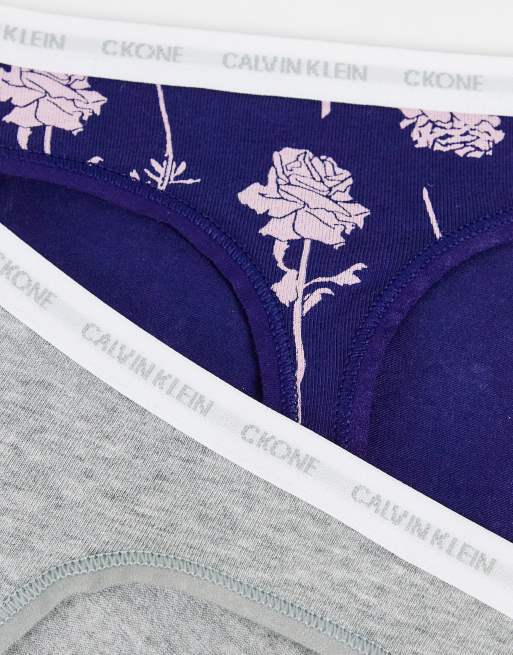 Calvin Klein CK One Cotton 2-pack logo thongs in gray and blue rose print, 3 of 4