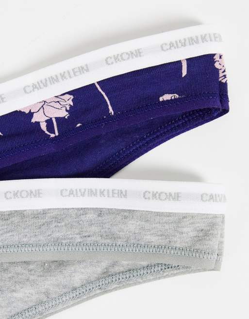 Calvin Klein CK One Cotton 2-pack logo thongs in gray and blue rose print, 4 of 4