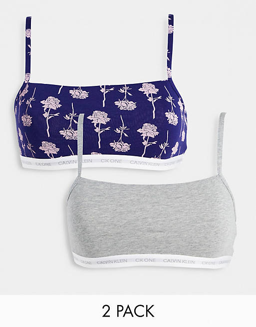 Calvin Klein CK One Cotton 2-pack unlined logo bralettes in gray and blue  rose print