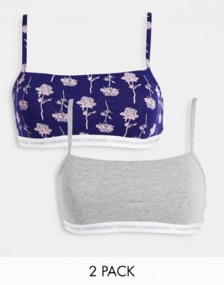 Calvin Klein CK One Cotton 2 pack unlined logo bralettes in grey blue rose print