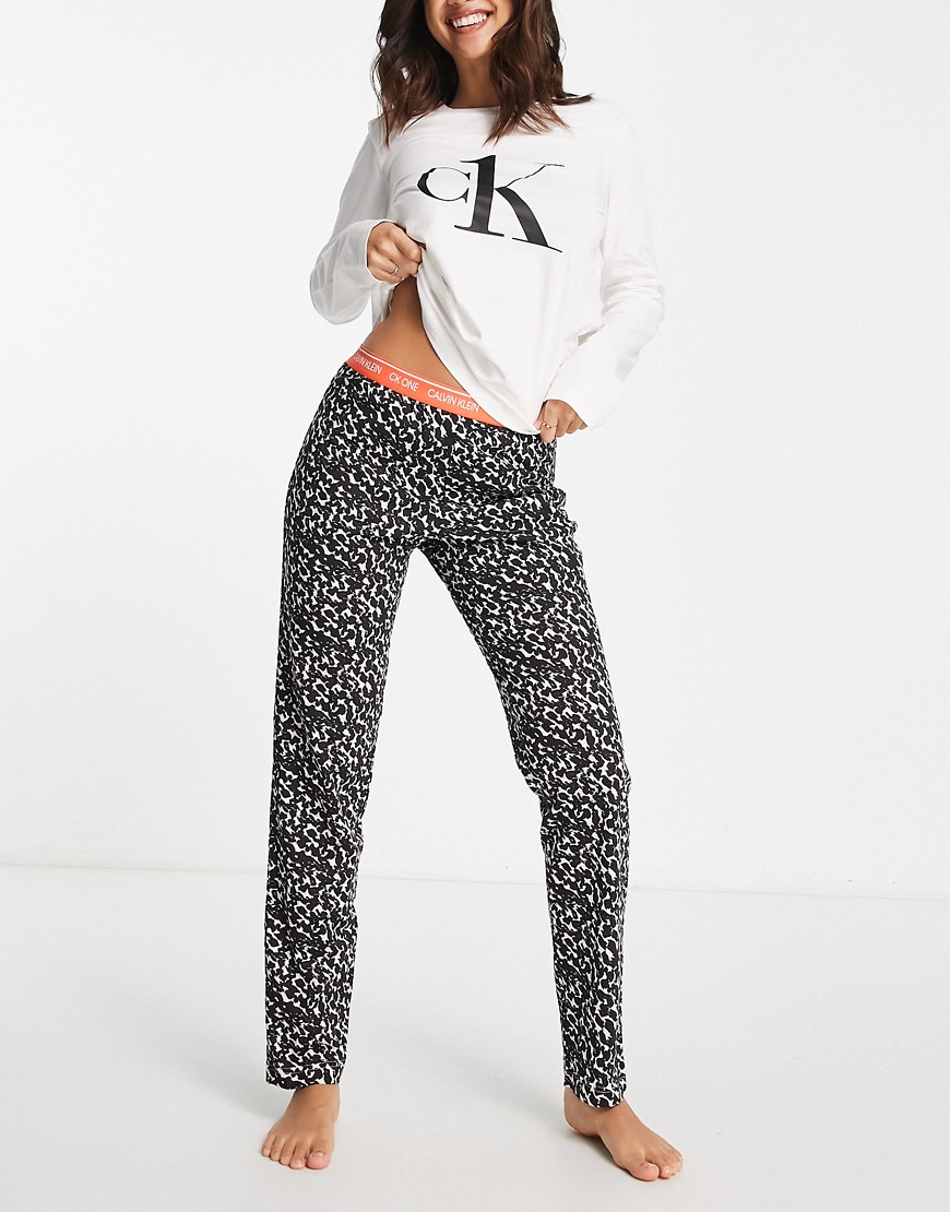 Calvin Klein CK One long sleeve top and animal print pants pajama in a bag gift set-Multi