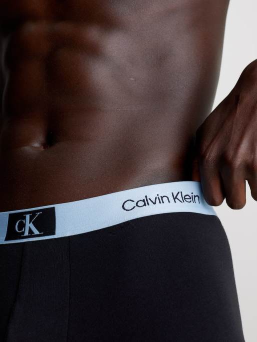 Calvin Klein CK96 cotton stretch trunks 3 pack in black with coloured waistband, 3 of 4