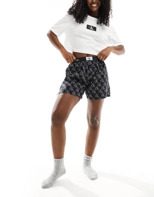 Calvin Klein CK96 woven cotton shorts and shirt pyjama set in black & white logo print