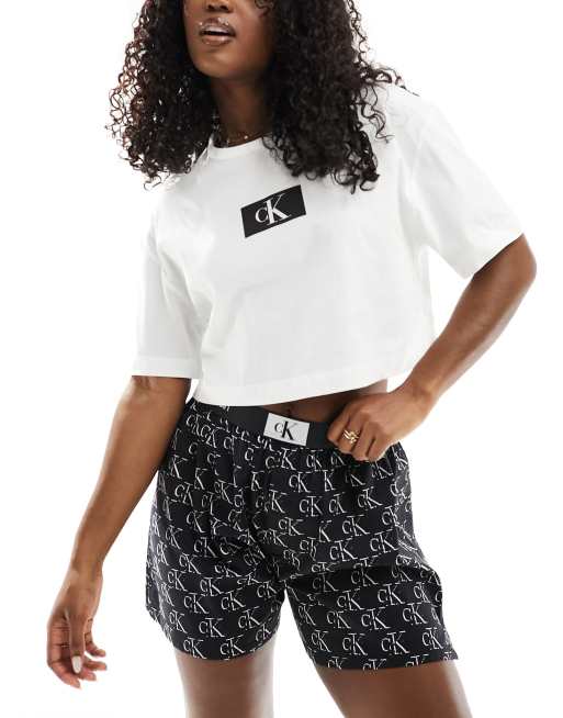 Calvin Klein CK96 woven cotton shorts and shirt pyjama set in black white logo print ASOS